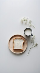 Minimalist still life of bread, milk, and gypsophila flowers on a white background, generative ai