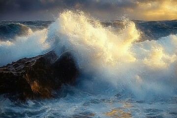 Fototapeta premium Huge ocean waves crashing violently against dark rocky shore under dramatic cloudy sky with golden sunlight illuminating water spray