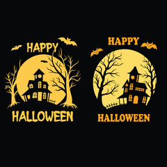 Two halloween designs with haunted houses bats and a full yellow moon