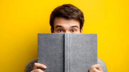 A man hides behind a gray book against a bright yellow background