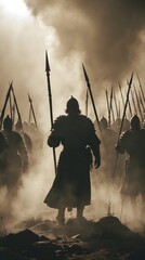Epic silhouette of a medieval warrior leading an ancient army into a misty battle, generative AI