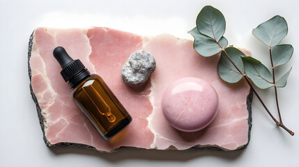 Natural cosmetic flat lay with a serum bottle, pink stone, and eucalyptus on a marble slab, generative AI