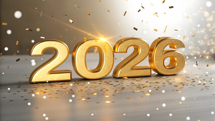 Golden 2026 numbers with falling confetti and sparkling lights on a grey surface year