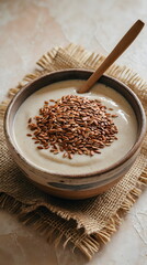 Healthy breakfast bowl of yogurt or porridge topped with flax seeds in a rustic ceramic bowl, generative AI