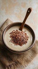 Healthy breakfast bowl of yogurt or porridge topped with flax seeds in a rustic ceramic bowl, generative AI