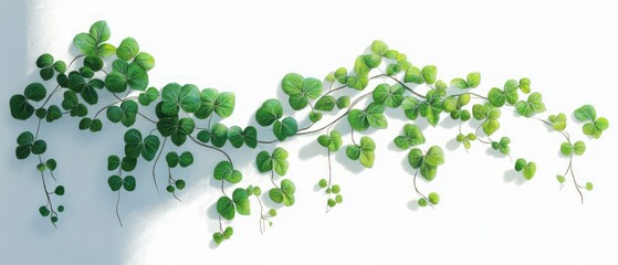 Green clover leaves sprawling and climbing along a white background with delicate shadows and soft natural lighting