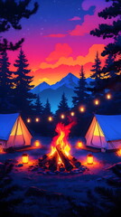 Vibrant illustration of a cozy forest campsite with a campfire under a colorful sunset, generative AI