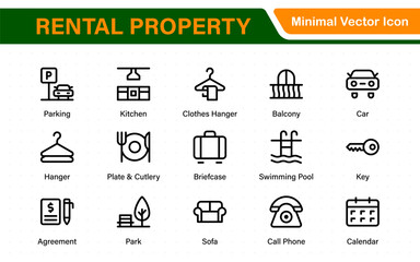 Rental property icons. Set of apartment reservation, hotel booking, five-star hotel, service line vector web icon.Hotel universal set with Building, Parking,  Meal, and Air conditioner.