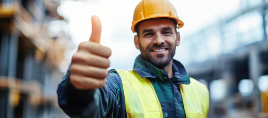 Smiling construction worker wearing safety helmet and reflective vest giving thumbs up gesture in industrial warehouse environment