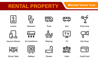 Rental property icons. Set of apartment reservation, hotel booking, five-star hotel, service line vector web icon.Hotel universal set with Building, Parking,  Meal, and Air conditioner.