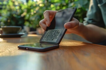 Close-up of a person scanning a QR code from a smartphone screen on another phone in a casual indoor setting with natural lighting and blurred green plants in the background