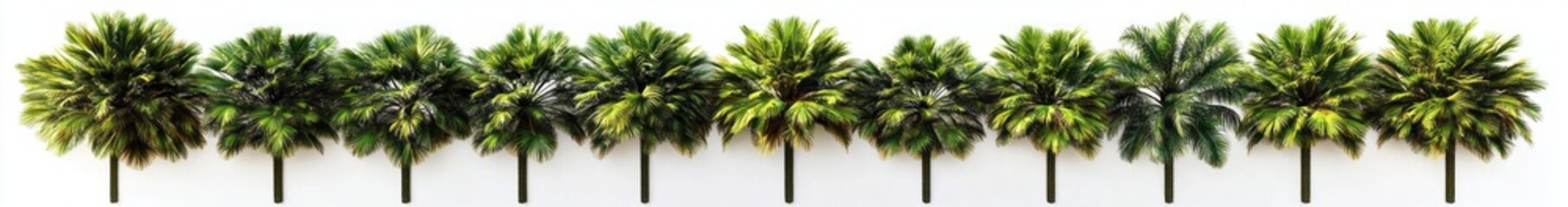 Row of tall green palm trees with dense fronds evenly spaced against a white background conveying tropical calm and natural beauty