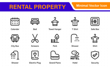 Rental property icons. Set of apartment reservation, hotel booking, five-star hotel, service line vector web icon.Hotel universal set with Building, Parking,  Meal, and Air conditioner.