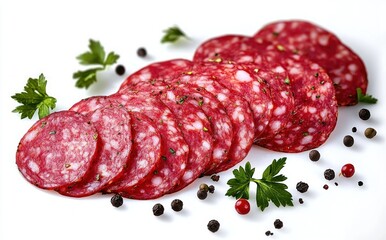 Close-up of thinly sliced salami arranged in a row with scattered black and red peppercorns and fresh parsley leaves on a white background
