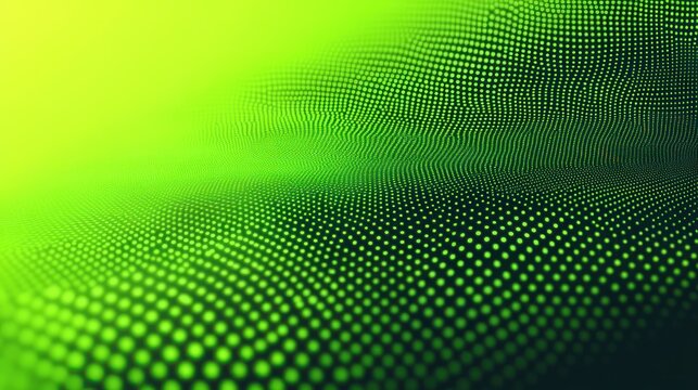 Abstract digital wave of glowing green dots on a dark background creating a sense of motion and depth