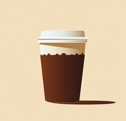 Minimalist illustration of a paper coffee cup with a white lid casting a shadow on a beige background
