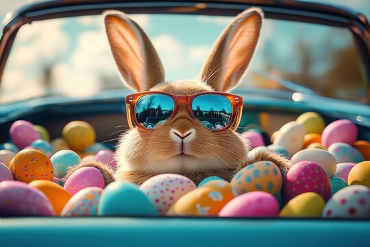 Cool bunny wearing sunglasses surrounded by colorful decorated Easter eggs in the back of a vintage car under daylight - Powered by Adobe