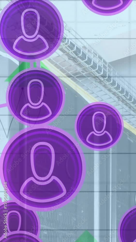 Poster animation of connections with icons and digital data processing over computer servers