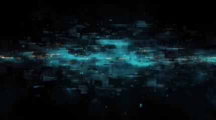 Abstract digital glitch composed of turquoise and orange light streaks scattered across a dark background, evoking a futuristic and technological atmosphere