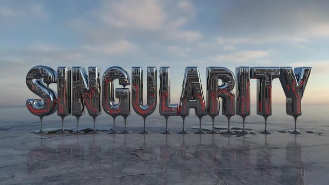 A surreal and evocative image of the word Singularity spelled out in gleaming, balloon-like letters, reflecting on a watery surface under a serene, cloudy sky.