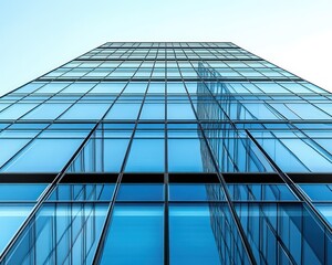 Obraz premium Looking up at a modern glass skyscraper reflecting the clear blue sky and neighboring building with clean lines and geometric patterns