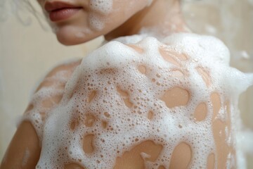 Fototapeta premium close-up of a person gently covered in white foam bubbles while bathing, conveying a sense of cleanliness and calm