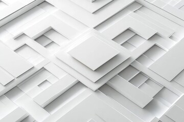 abstract three-dimensional white geometric pattern with overlapping squares and rectangles creating a layered architectural effect