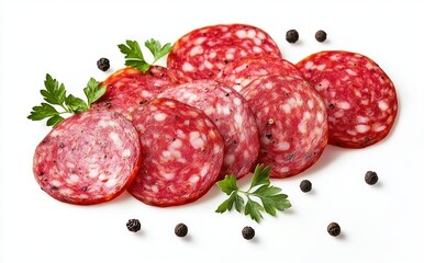 Close-up of eight thin slices of cured salami arranged with fresh green parsley leaves and whole black peppercorns on white background