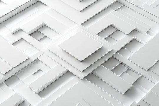 abstract three-dimensional white geometric pattern with overlapping squares and rectangles creating a layered architectural effect - Powered by Adobe