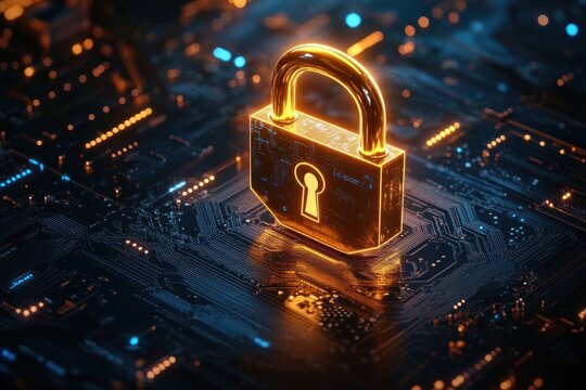 Glowing golden padlock on a dark blue computer circuit board representing cybersecurity and data protection with illuminated electronic paths