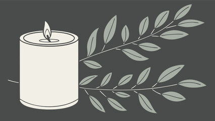 Illustration of a lit candle with a cylindrical shape and leafy branches on a dark background