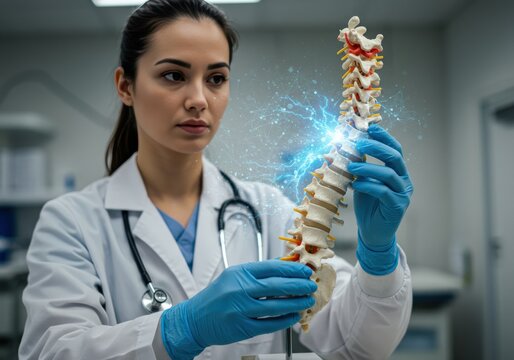 A doctor analyzing a spine model, symbolizing medical research and spinal health advancements.