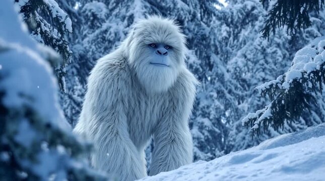 Yeti abominable snowman in its natural wooded forest habitat - mythological creatures and beasts in the wild of nature