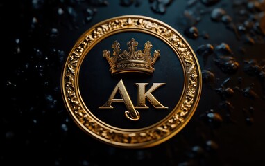 ornate golden round emblem with a decorative crown above the letters 'a' and 'k' on a dark textured surface, conveying elegance and luxury