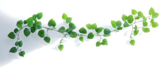 Delicate green vine with lush leaves casting soft shadows on a white surface evoking freshness and natural simplicity