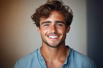 Fototapeta premium Portrait of a young man with wavy hair and a bright smile wearing a casual blue shirt against a neutral background, conveying warmth and confidence