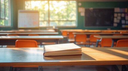 A closed notebook on a wooden desk in an empty classroom illuminated by warm sunlight with blurred desks and chairs in the background