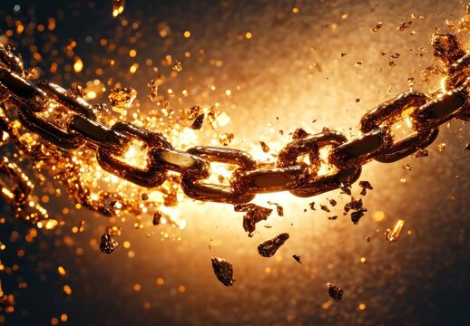 Golden metal chain breaking apart with glowing fiery fragments flying around on a dark background