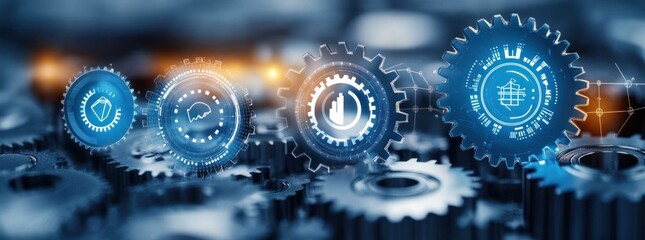 Close-up of interconnected mechanical gears with semi-transparent digital interface overlays displaying industry and engineering icons in blue and white tones