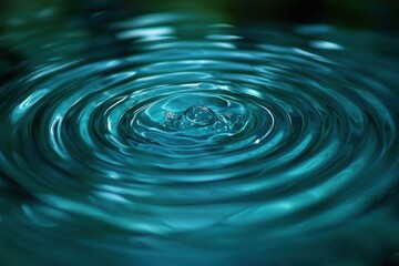 Close-up of concentric ripples on a calm teal-blue water surface, capturing the serene motion and delicate texture of a small water droplet splash