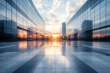 Fototapeta premium Reflective modern glass office buildings on both sides with a wide tiled plaza in between at sunset with orange and blue sky hues creating a calm and serene atmosphere
