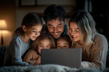 Smiling family of five gathered closely around a laptop in a cozy dimly lit room, sharing a joyful moment together indoors