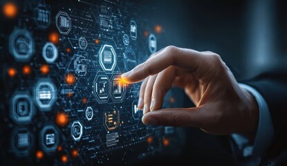 Human hand interacting with futuristic digital interface displaying interconnected hexagonal data icons and glowing elements in a dark tech environment