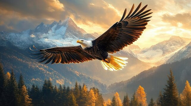 Majestic bald eagle soaring with outstretched wings over an autumn forest with towering snow-capped mountains under dramatic golden sunset sky