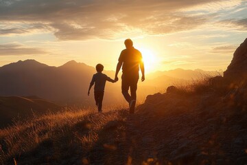 silhouetted adult and child holding hands walking on a mountain path at sunset with golden light and distant mountain peaks