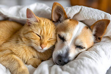Adorable cat and dog cuddling together while sleeping under a cozy white blanket

