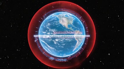 Earth globe with digital overlays and red rings in space - Powered by Adobe