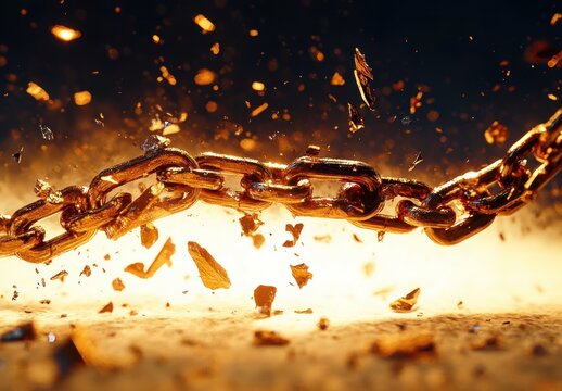 rusty metal chain breaking apart with flying debris and fiery glowing background symbolizing strength and destruction
