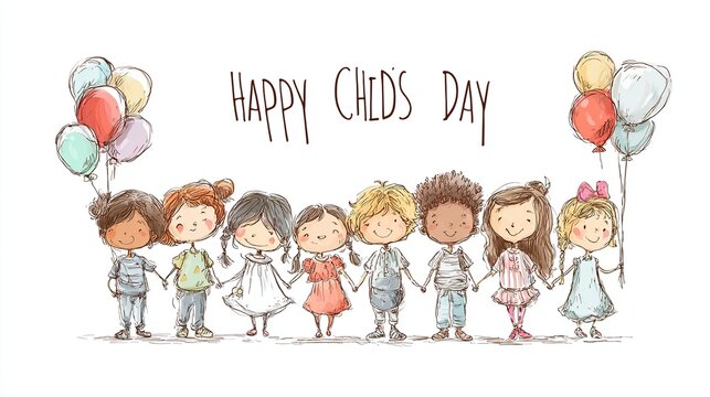 Diverse group of smiling children holding hands, flanked by colorful balloons, under "Happy Child's Day" text.  A cheerful, hand-drawn illustration celebrating childhood