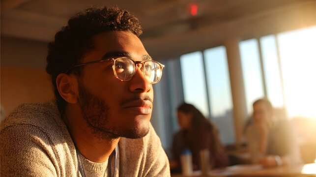 A thoughtful young man in a classroom